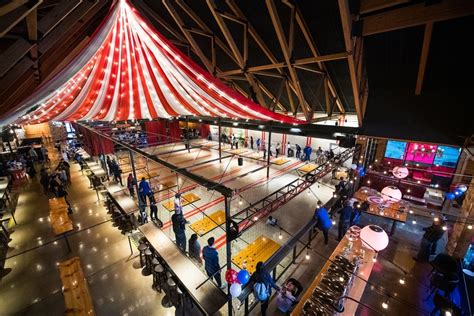 The hub stadium - The HUB Stadium Features: 6 Ice Curling Lanes, 20 axe throwing stalls, 8 Football Bowling lanes, 4 Private Event Rooms, 4 Full Bars, Equipped with Bottoms Up Draft Beer System, Craft Cocktails, New American Cuisine, and an upstairs lounge. Duration: 2-3 hours. Suggest edits to improve what we show.